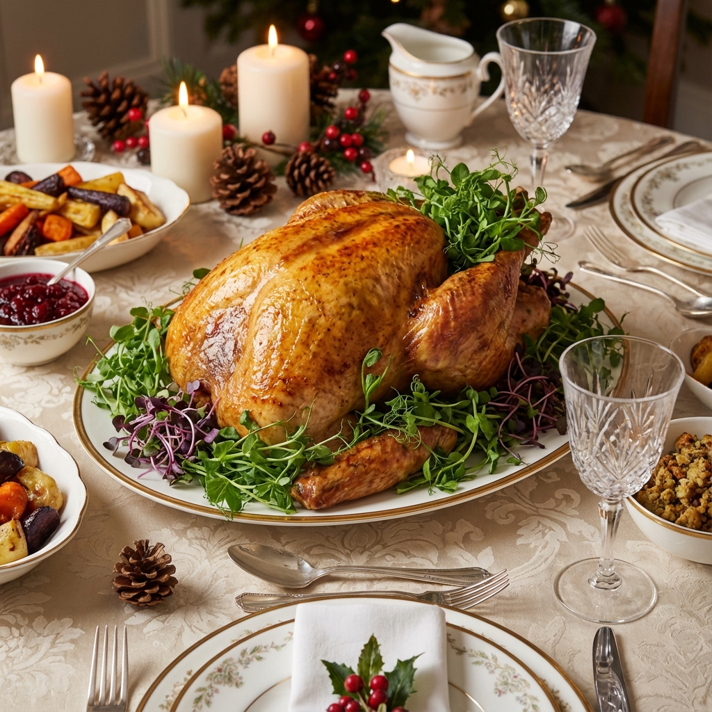 Traditional Christmas Turkey Roast with Microgreens Garnish